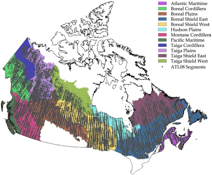 Fig. 1. Map of Canada's forested ecozones and the geolocated ATL08 segments used in this study.