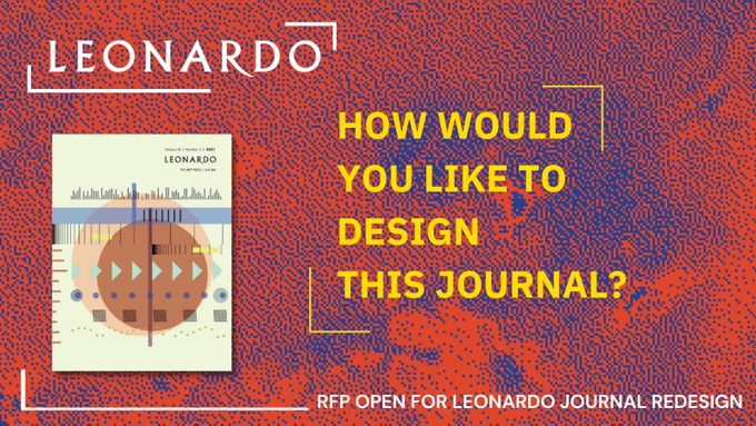 Red background. In top right corner Leonardo logo. Left side graphic of Leonardo journal with circles representing the genome browser. Right of that the text reads "How would you like to design this journal?" and below it says "RFP open for Leonardo journal redesign.