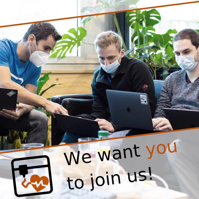 Three participants of the Zurich Hackathon 2022 working collaboratively on their laptops. "We want you to join us" slogan with the HackaHealth logo is added in the foreground.