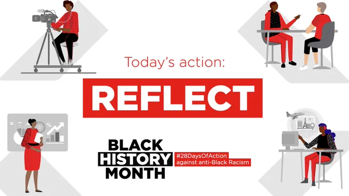 Spot illustrations of: camera person, business person, counsellor and telecommunications.  Words: Today's action Reflect Black History Month, #28DaysOfAction against anti-black racism