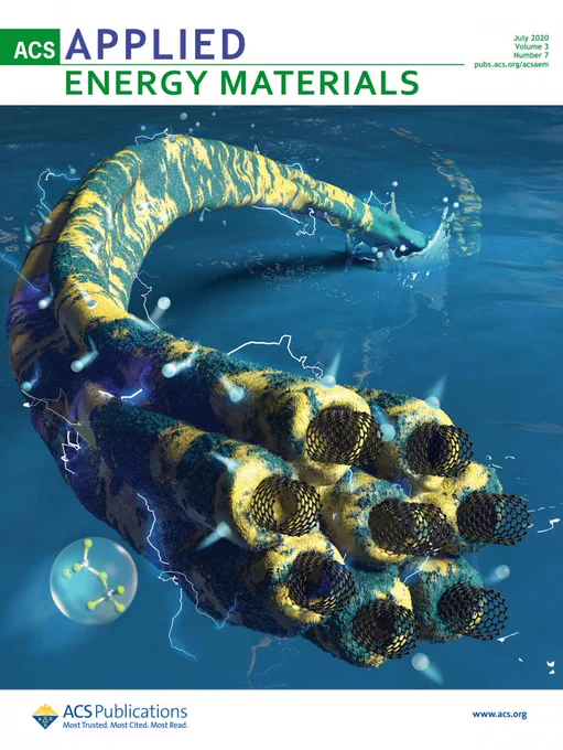 A journal cover page for applied energy materials. A pipe like blue projection emerging from a blue liquid.