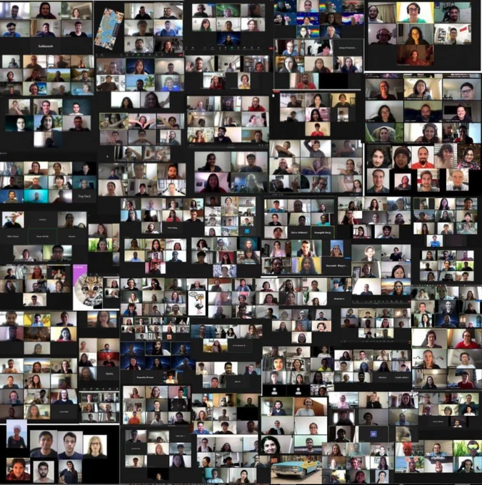 Collage of screenshots taken from the last neuromatch academy course pods. Each piece of the collage is made of many faces of the participant, connected in zoom in their pod.