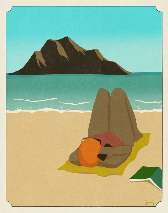 Illustration of a woman lying on the beach talking on the phone. There is a green book to her right and a rocky island in the distance.