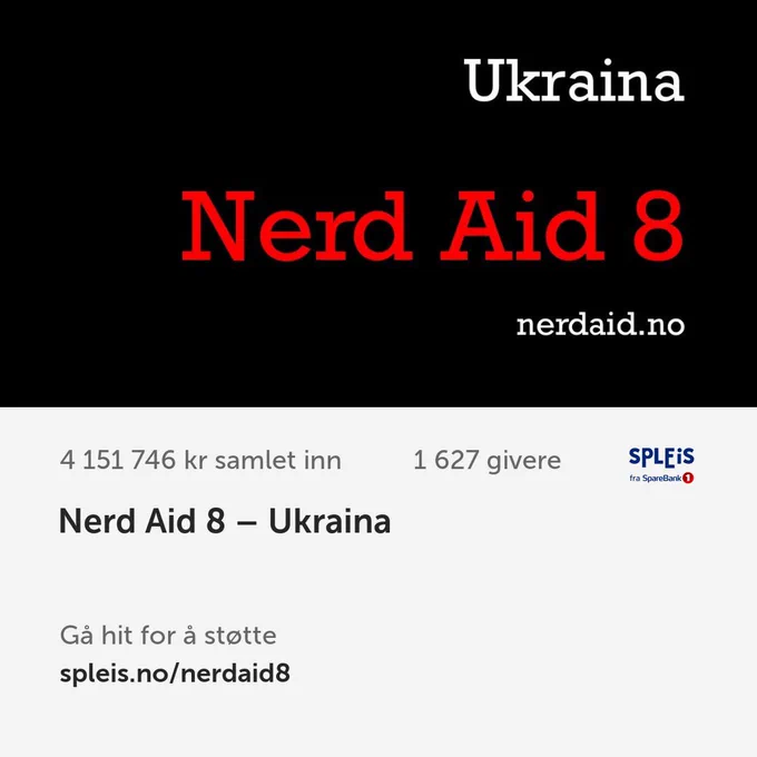 Bilde som oppsummerer resultater fra innsamlingsaksjonen Nerd Aid til Røde Kors for Ukraina. 4 millioner innsamlet på 5 dager.