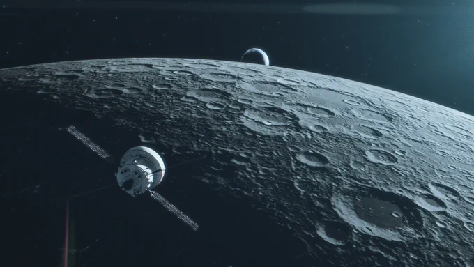 The Orion spacecraft flies over the Moon. Craters are visible on the lunar surface. Earth can be seen in the background. 