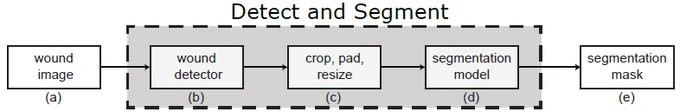 Detect-and-segment (DS) approach (grey box). The
raw wound image (a) is processed with a wound detector neural
network (b) to localize the wound within the image. The preprocessing
module (c) performs cropping, zero-padding and resizing
of the image to exclude uninformative background pixels.
The segmentation model (d) produces the final segmentation
mask (e).