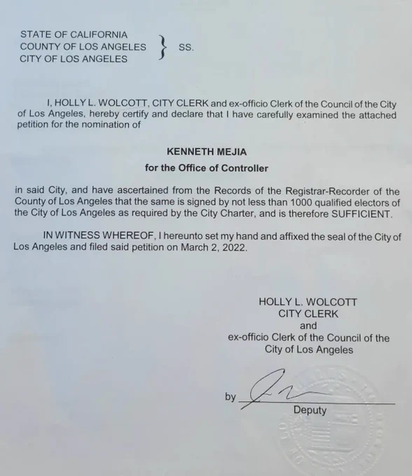 Certification from the City Clerk's office that says that Kenneth Mejia qualified for the June 7 election ballot and collected at least 1000 for his LA City Controller race.