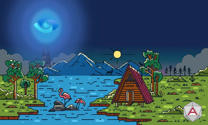 Towering Eye of Sauron overlooking a scenic wooden lakehouse