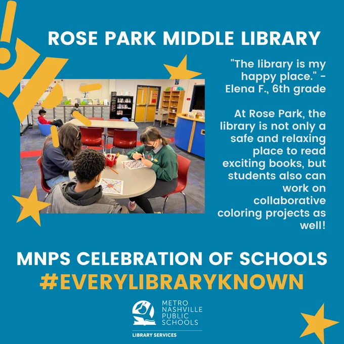 Image of students reading and working at a table in the Rose Park Middle School library.