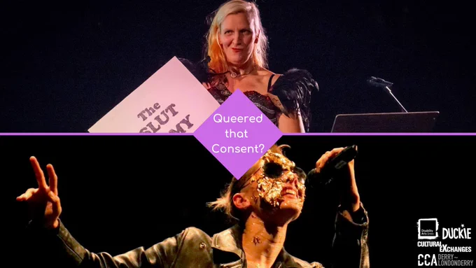 Composite image. White woman in her 50s holding a sign which says the Slut Army. Below a white non-binary person with sunglasses holds a microphone with gold paint on their face.