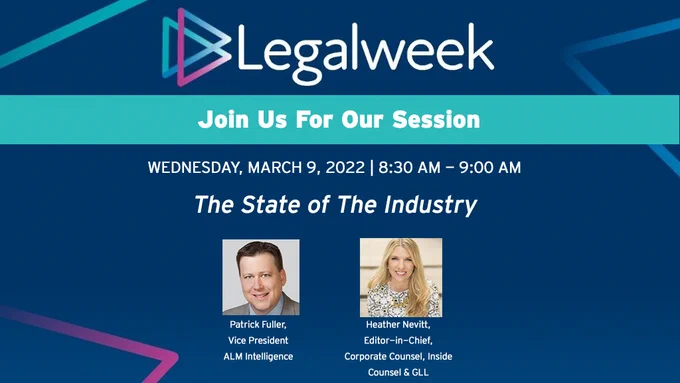 The Legalweek State of the Industry, presented annually by ALM Intelligence, leverages data, insight, and analysis to provide a holistic assessment of the current state of the global legal market. From examining key trends and risks to identifying where opportunity lies moving forward, the presentation brings together a diverse range of perspectives from all areas of the legal market. This includes law firms and legal departments as well as alternative legal service providers and legal tech.