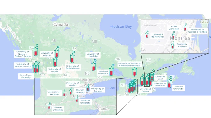 Map of Canada with icons across the country, marking 23 institutions. 