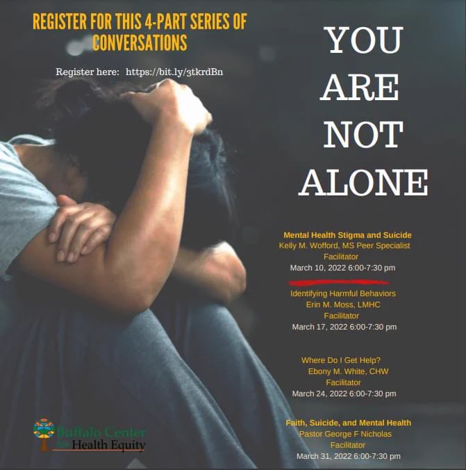 The COVID-19 pandemic and the resulting economic recession have negatively affected many people’s mental health and created new barriers for people already suffering from mental illness and substance use disorders.During the COVID-19 pandemic, concerns about mental health and substance use have grown,including concerns about suicidal ideation.

There are a variety of ways the pandemic has likely affected mental health,particularly with widespread social isolation resulting from necessary safety measures.A broad body of research links social isolation and loneliness to both poor mental and physical health.The widespread experience of loneliness became a public health concern even before the pandemic,given its association with reduced lifespan and greater risk of both mental and physical illnesses.The Buffalo Center for Health Equity felt the need to respond and decided to create a public space to talk,in addition to providing some direction for those who may find themselves in trouble