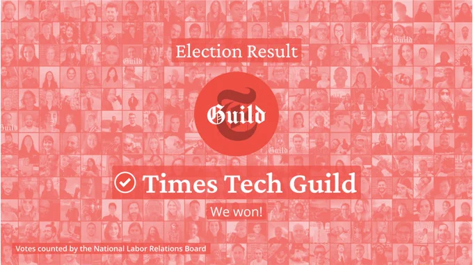 Selfie mosaic of hundreds of NYT Tech Guild members tinted red. On top, the text "Election Result: √ Times Tech Guild, We won!" With subscript "Votes counted by the National Labor Relations Board"