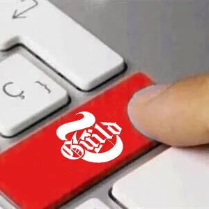 The “Upgrade” meme with a finger pressing a bright red keyboard button that has the New York Times Tech Guild logo on it.