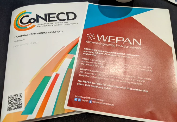 CoNECD program book beside flyer about WEPAN