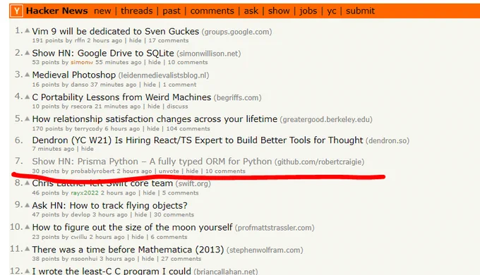 Screenshot of the front page of hacker news