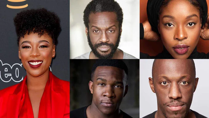 Headshots of five people all looking at the camera. A black woman dressed up in a red silk jacket and makeup; a black man with a beard; a black woman holding her hair in a wrap, a black man in a black t-shirt with his eyebrows slightly raised, and a bald black man in a black t-shirt.