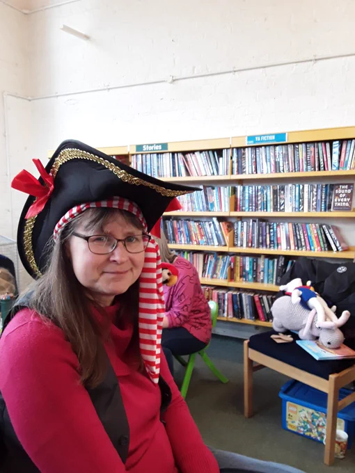 Local author wearing pirate hat