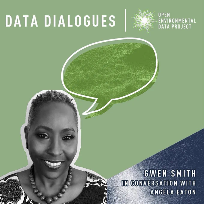 Photo of Gwen Smith with the words “Gwen Smith in conversation with Angela Eaton.” Data Dialogues and the starburst logo for Open Environmental Data Project are at the top of the page