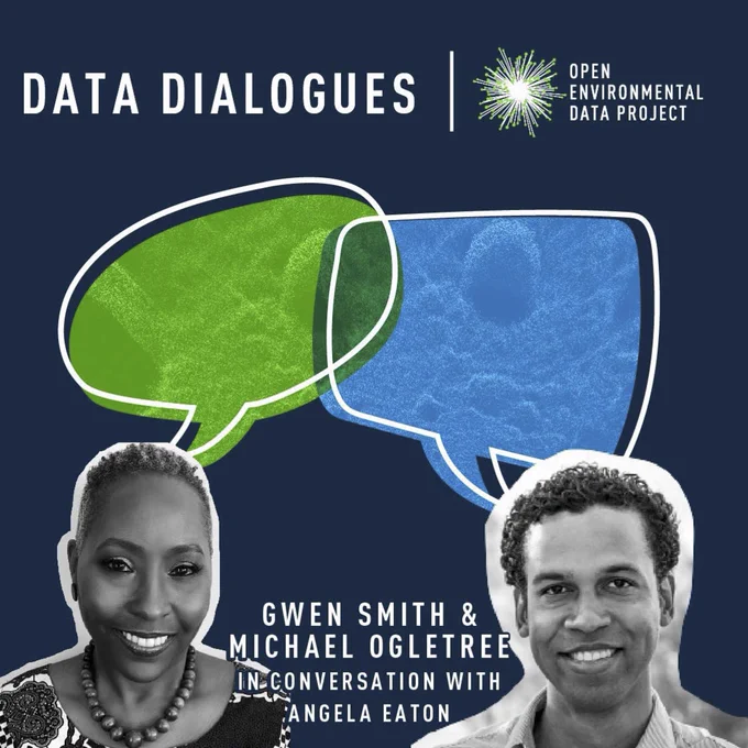 Gwen Smith and Michael Ogletree's images sit across from each other. In the space between them are words "Gwen Smith and Michael Ogletree in conversation with Angela Eaton". You can tell Gwen and Michael are enjoying their conversation from the overlapping bright speech bubbles near their heads. Above the two photos, text reads "Data Dialogues" along with a green and white starburst logo for OEDP