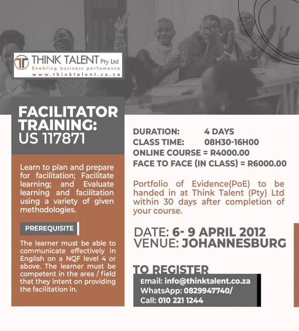 We offer Trainer Development Programmes every month.  To register please get in touch with us by email: info@thinktalent.co.za