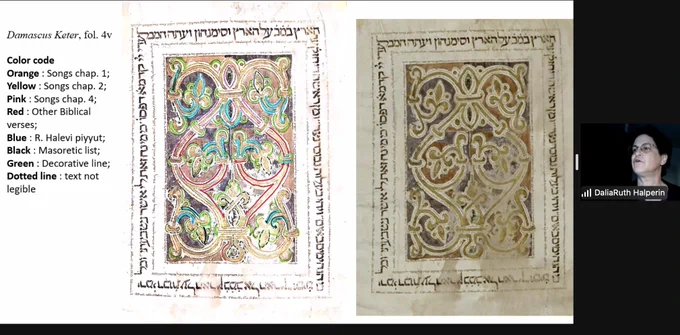 Damascus Keter, from DaliaRuth Halperin's presentation, showing the vining decorations with Hebrew texts traced with color overlay to show the textual content. 