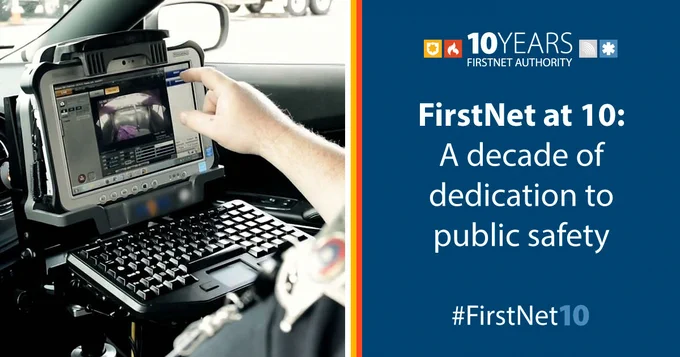 Law enforcement officer touches screen of mobile data terminal in law enforcement vehicle; "10 Years FirstNet Authority" with icons of police shield, fire, wireless communications, and health; "FirstNet at 10: A decade of dedication to public safety; #FirstNet10"