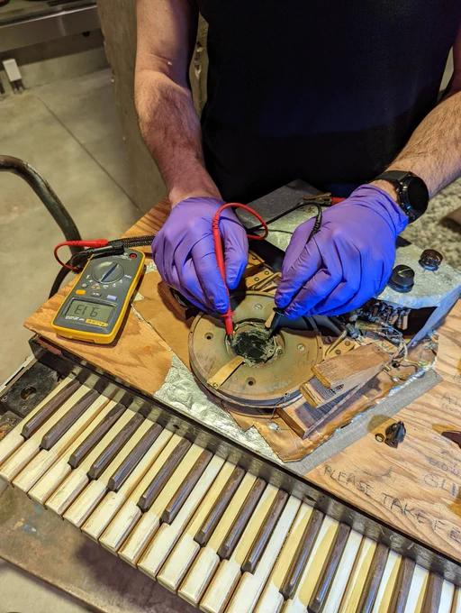 Testing electronic components in the Electronic Sackbut synthesizer.