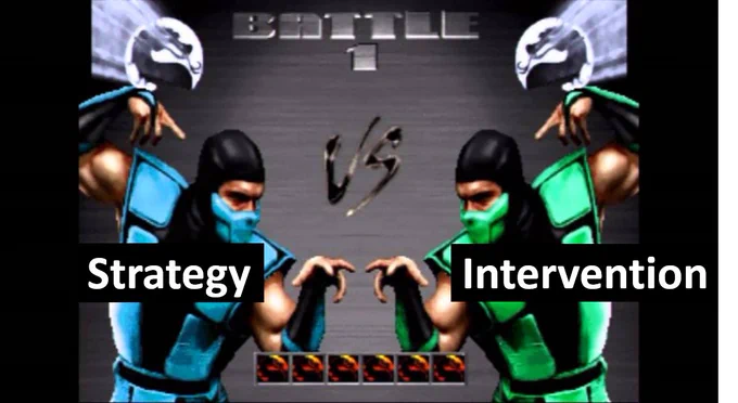 Screenshot of the Mortal Kombat versus screen with two similarly dressed but color-swapped ninjas facing each other. One figure (Sub-Zero) is labeled with the word "strategy," while the other figure (Reptile) is labeled with the word "intervention."