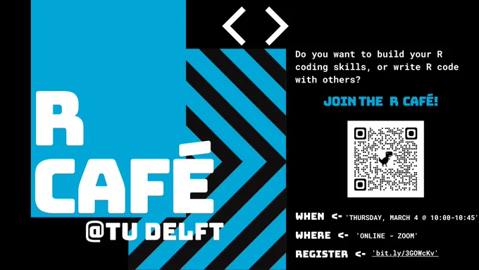 Round two of the DCC R Café is coming up! 3 March from 10am. Register now to join and improve your R skills. Everyone is welcome. Spread the word! dcc@tudelft.nl
