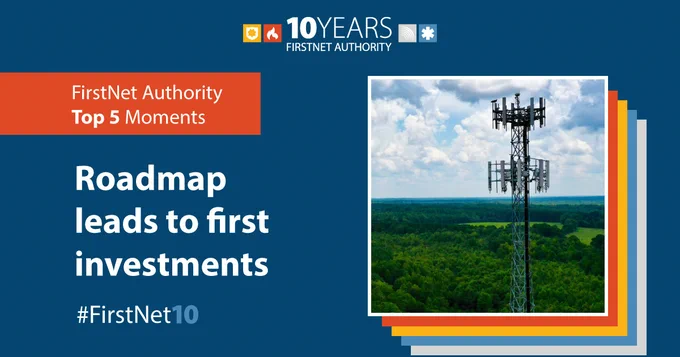 "10 Years FirstNet Authority; FirstNet Authority Top 5 Moments; Roadmap leads to first investments; #FirstNet10"; cell site in front of forest landscape