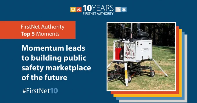 "10 Years FirstNet Authority; FirstNet Authority Top 5 Moments; Momentum leads to building public safety marketplace of the future; #FirstNet10"; FirstNet compact rapid deployable