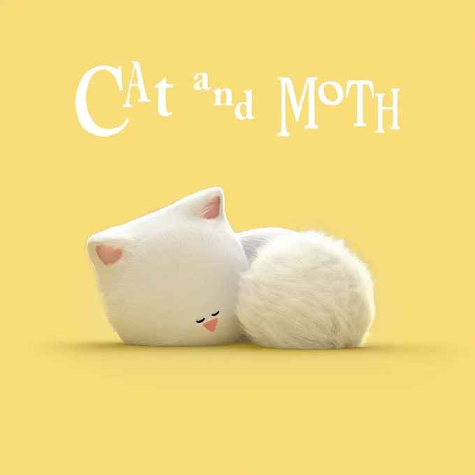 The image features Ditto the cat sleeping with her tail curled around her. The image background is yellow and above Ditto is the text Cat and Moth, the name of the film directed by India Barnardo.