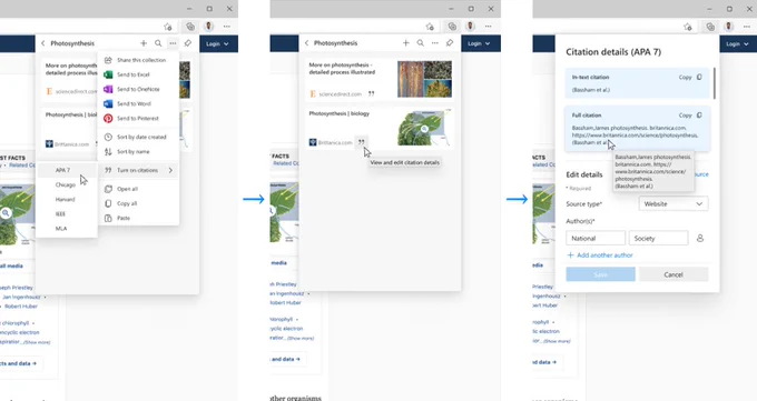 A user flow that shows how to access the Citations feature in Microsoft Edge using Collections by selecting select the Collections icon in the Edge browser, selecting Turn on citations, and choosing a preferred a citation style.