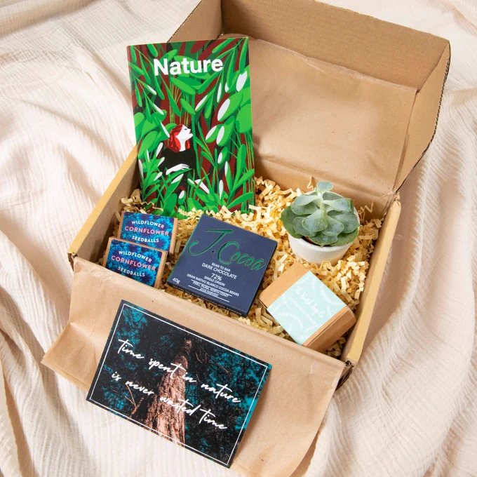 A cardboard box filled with ethical and sustainable products. Including a plant, sweet treats, and a leaflet based on nature with wellbeing tips inside.