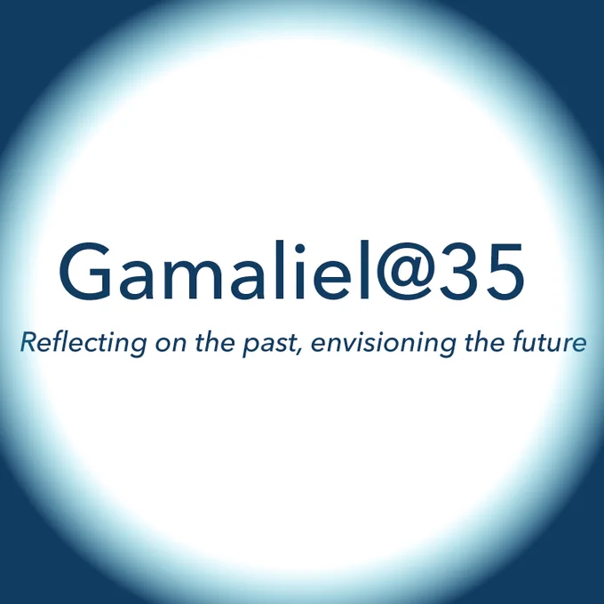 Blue background with white circle. Text reads Gamaliel@35 Reflecting on the past, envisioning the future