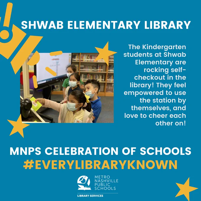 Kindergarten students at Shwab Elementary using the self check station in the library.