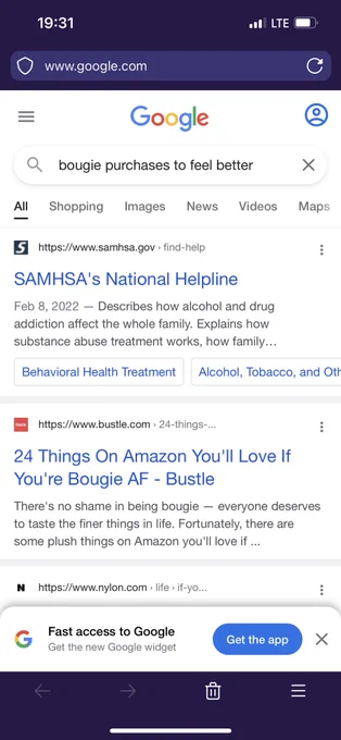 Google search result for “bougie purchases to feel better” the first entry reads “
Feb 8, 2022 — Describes how alcohol and drug addiction affect the whole family. Explains how”