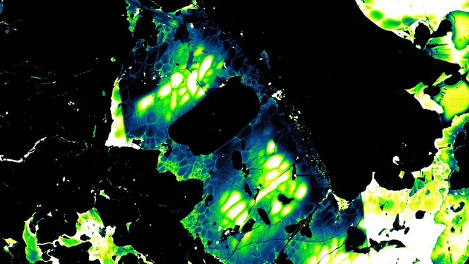 Microscope image of false coloured meteorite showing shattered grains