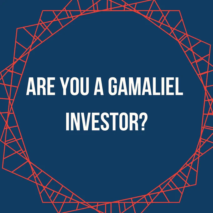 Blue background with red geometric design. White text reads "are you a Gamaliel investor?"