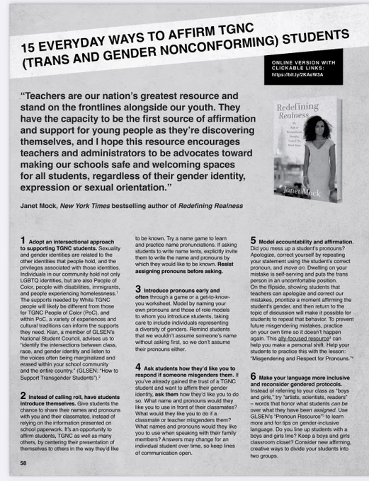 Black and white image of the first page of the special feature, featuring a quote from Janet Mock and the first 6 suggestions.