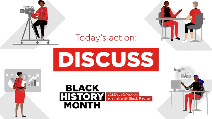 Spot illustrations of: camera person, business person, counsellor and telecommunications.  Words: Today's action Discuss Black History Month, #28DaysOfAction against anti-black racism