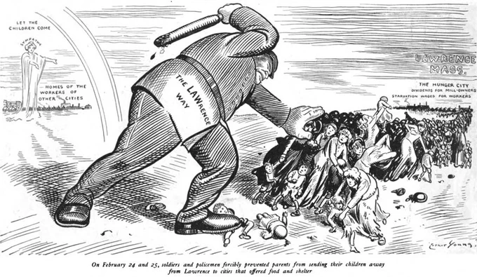 A political cartoon by Art Young commenting on police actions against striking textile workers in Lawrence, Massachusetts.
