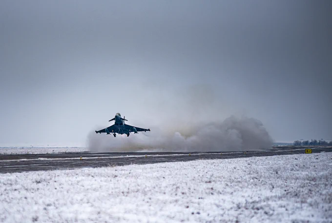 Archived photo of Italian Eurofighter in Romania taking off for an enhanced Air Policing mission. Photo courtesy of Italian Air Force. 