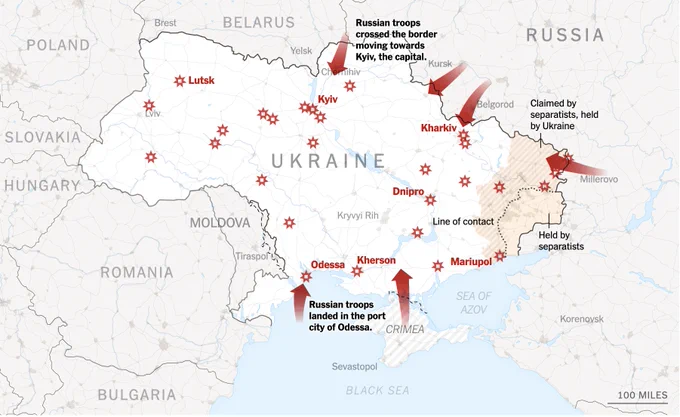 Map of current attacks on Ukraine, created by the New York Times 