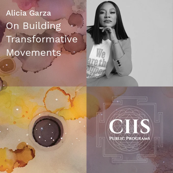 Alicia Garza portrait in black and white. White text on far left says, Alicia Garza. On Building Transformative Movements. Abstract watercolor in beige, yellow, dark lavender.
