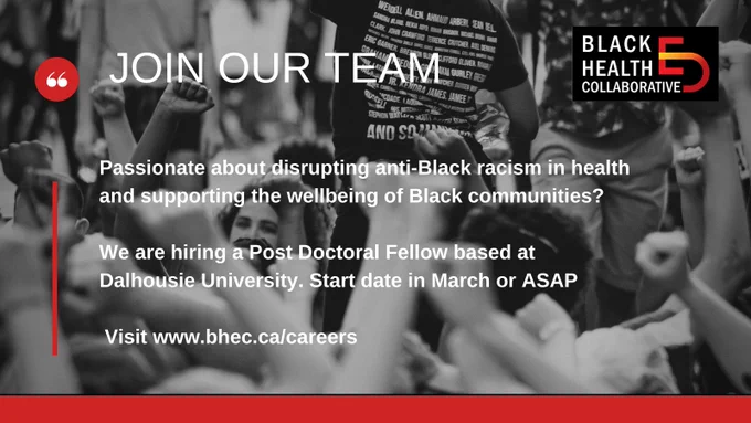Passionate about disrupting anti-Black racism in health and supporting the wellbeing of Black communities?

The Black Health Education Collaborative is hiring a Post Doctoral Fellow based at Dalhousie University. Start date in March or ASAP

 Visit www.bhec.ca/careers