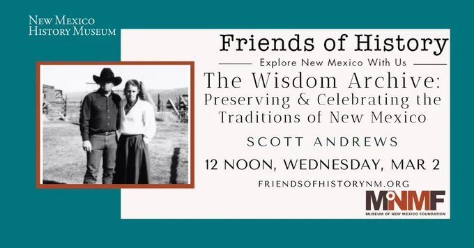 A graphic with info on the talk happening on March 2, 2022 at noon.  There is a small black and white photo of a man and woman standing outside in a landscape with wooden corral and fencing behind them. The man is wearing a dark cowboy hat, shirt and jeans.  The woman is wearing a white blouse or jacket and a dark skirt.