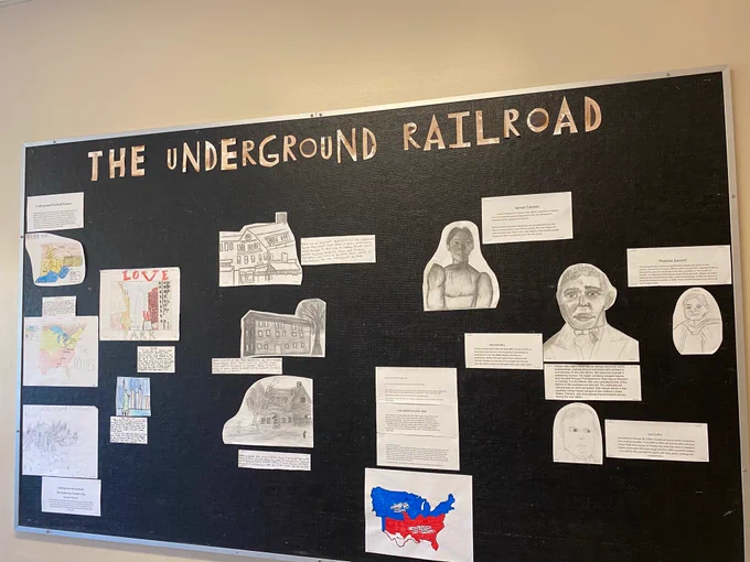 Bulletin board of the Underground Railroad - key people and places. 